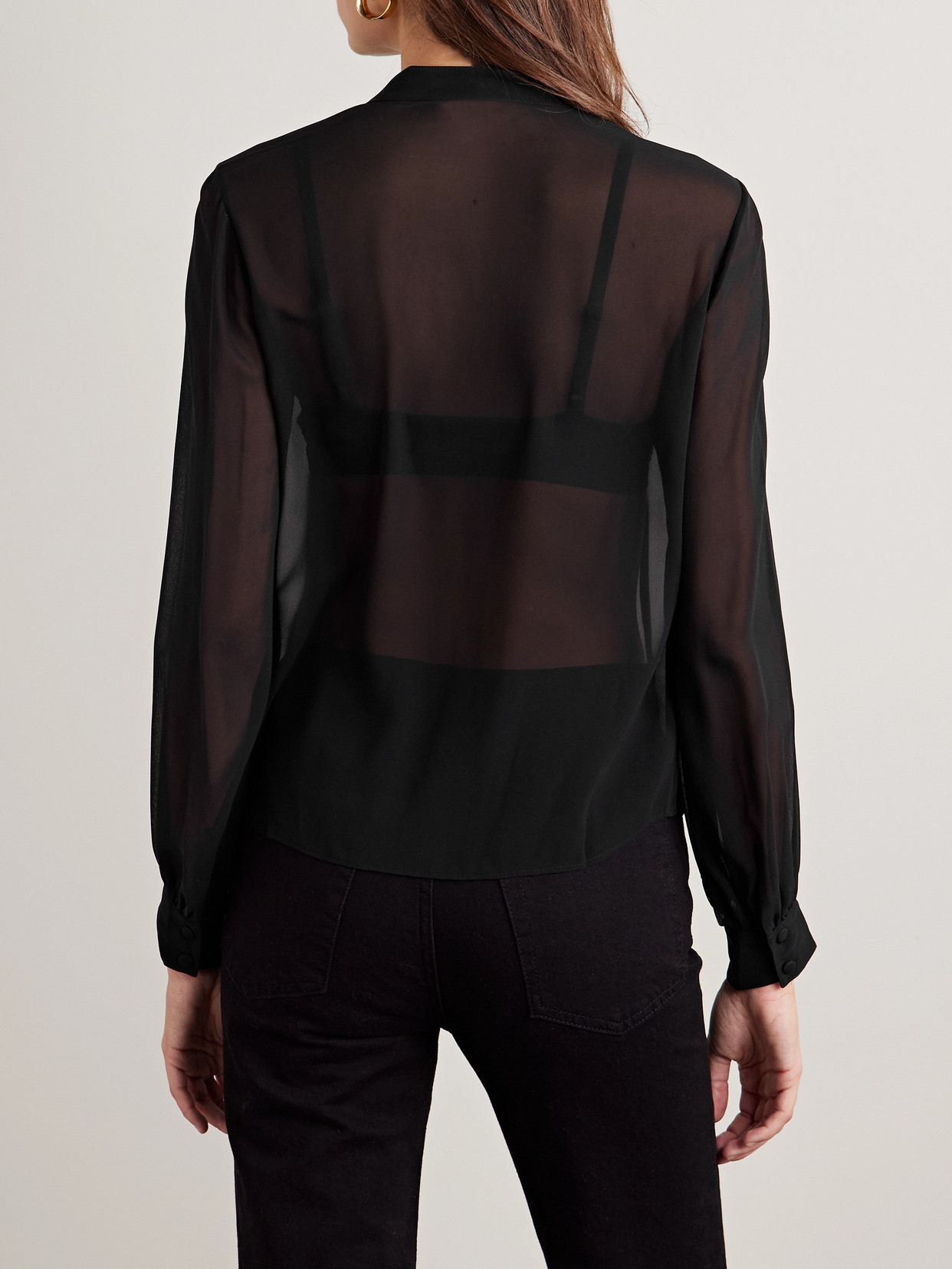 Frame Bead-embellished Pleated Silk Crepe De Chine Blouse In Black