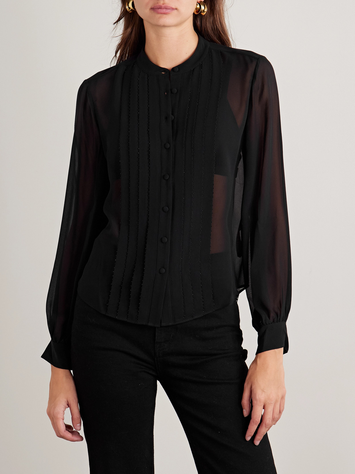 Frame Bead-embellished Pleated Silk Crepe De Chine Blouse In Black