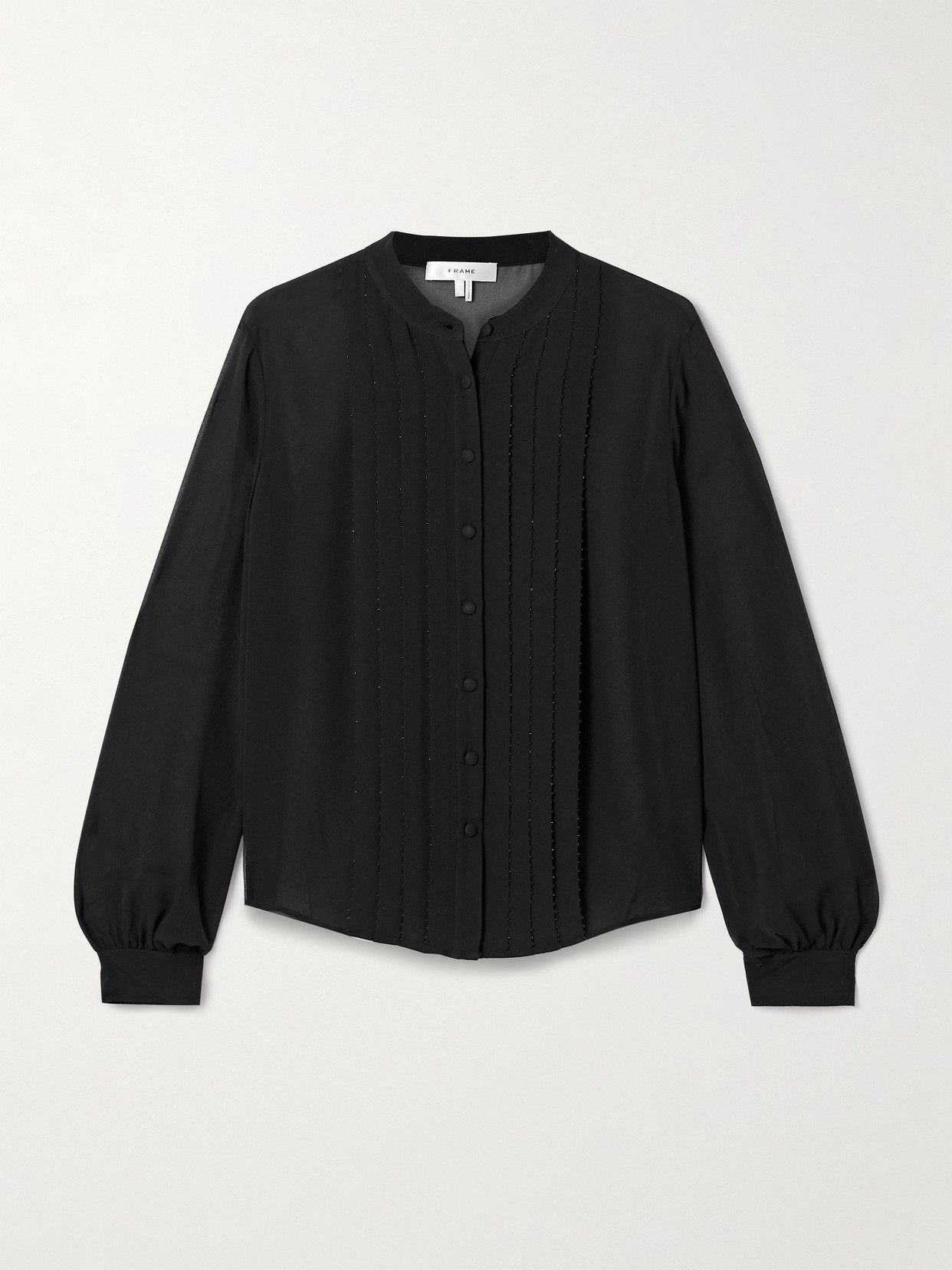 Frame Bead-embellished Pleated Silk Crepe De Chine Blouse In Black