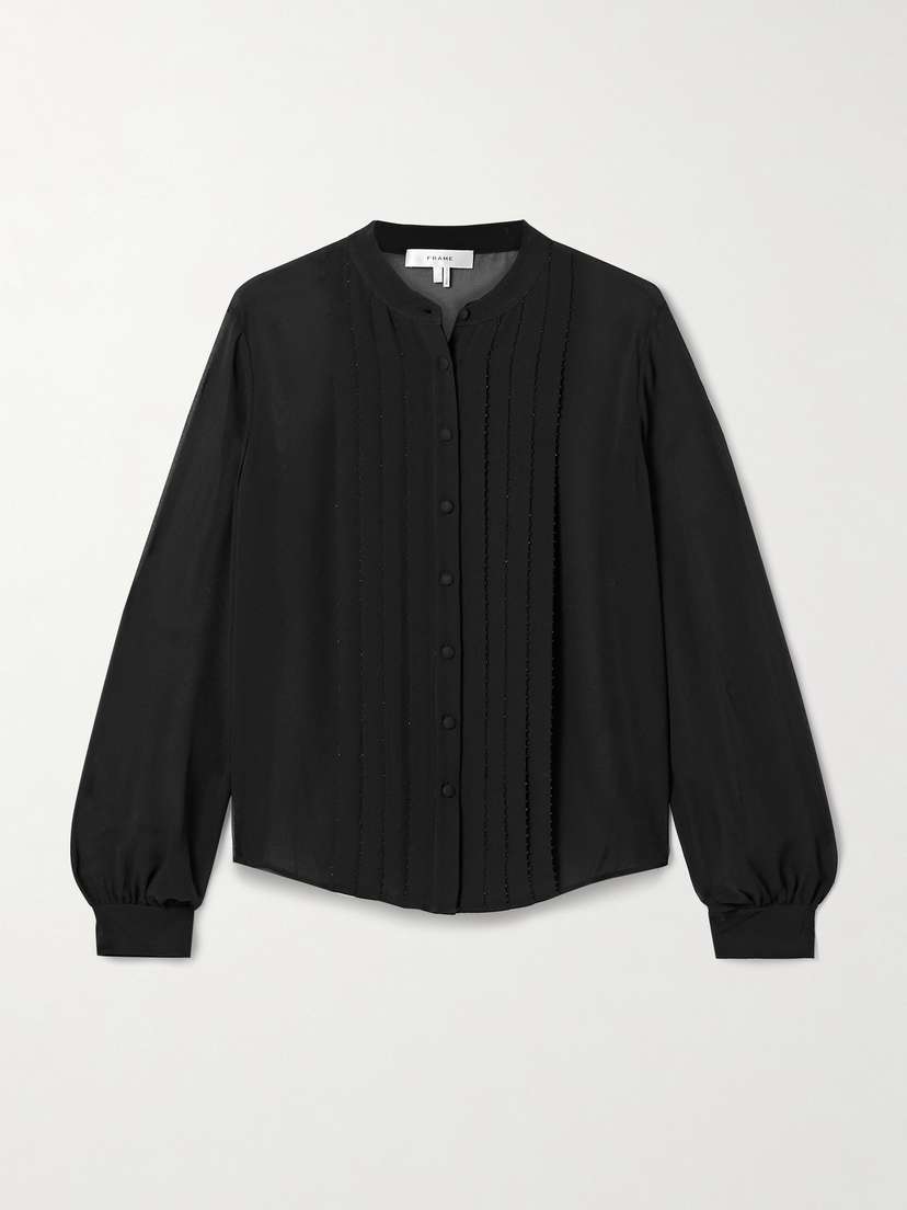 Frame Bead-embellished Pleated Silk Crepe De Chine Blouse