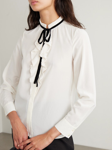 FRAME Tie-detailed ruffled silk crepe de chine blouse