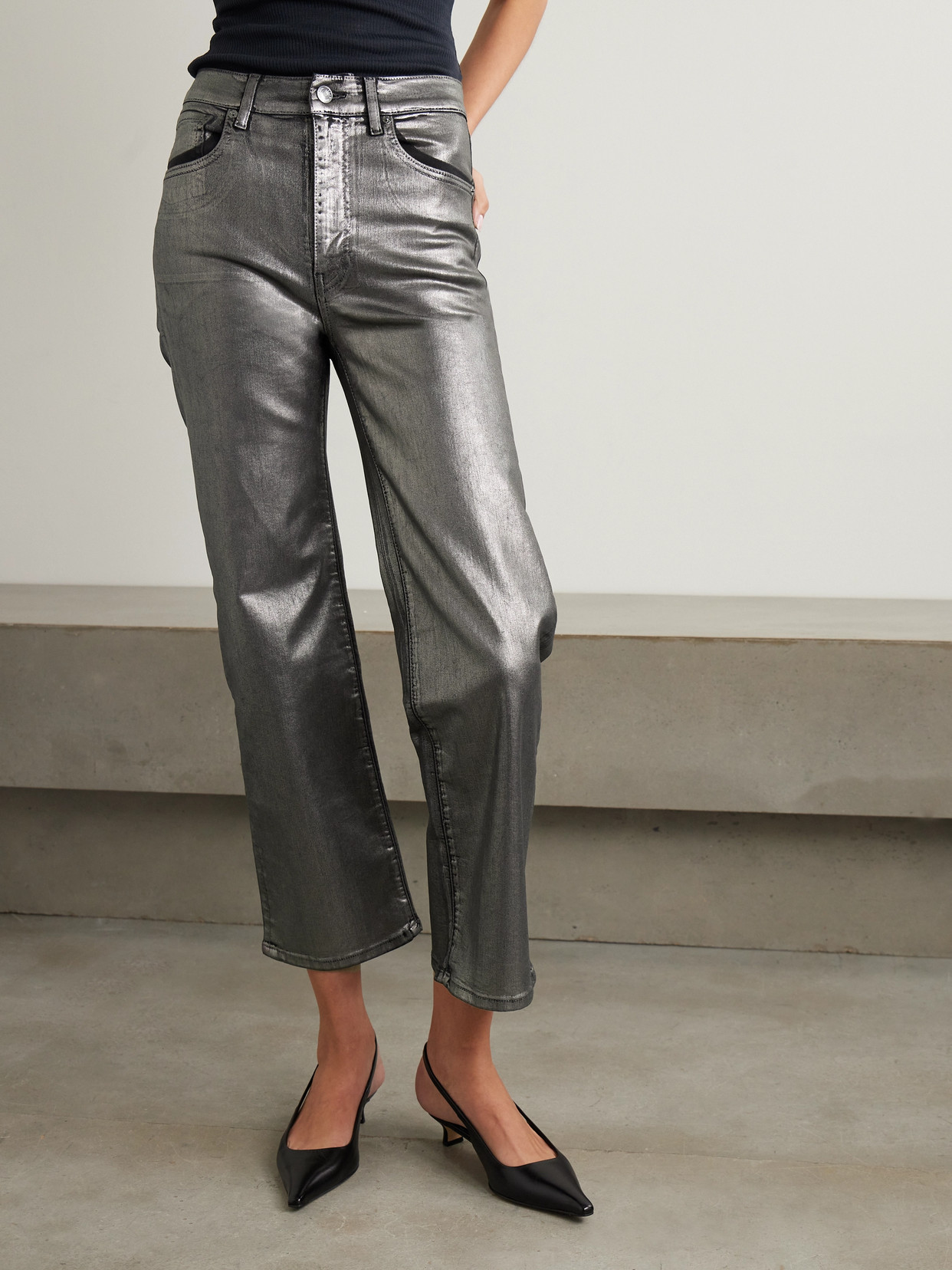 Le Sleek Metallic Coated High-Rise Straight-Leg Jeans
