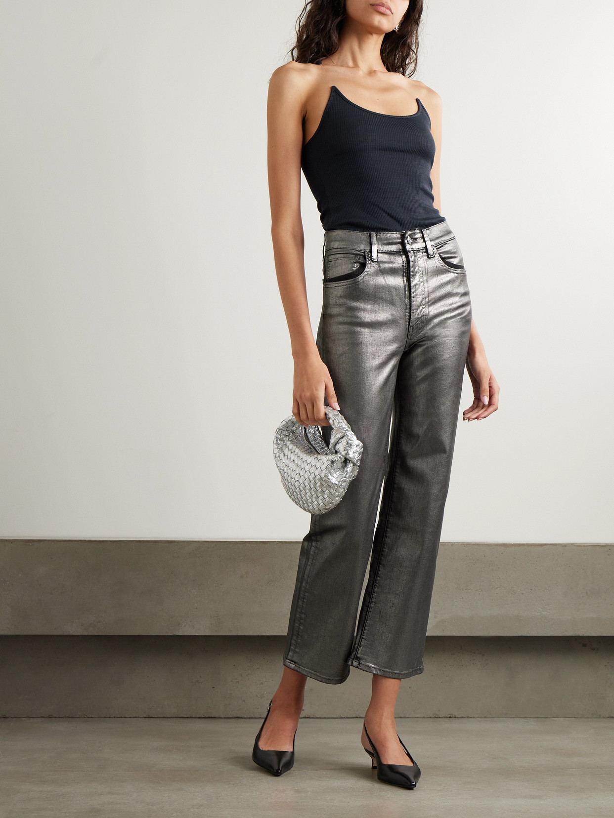 Le Sleek Metallic Coated High-Rise Straight-Leg Jeans