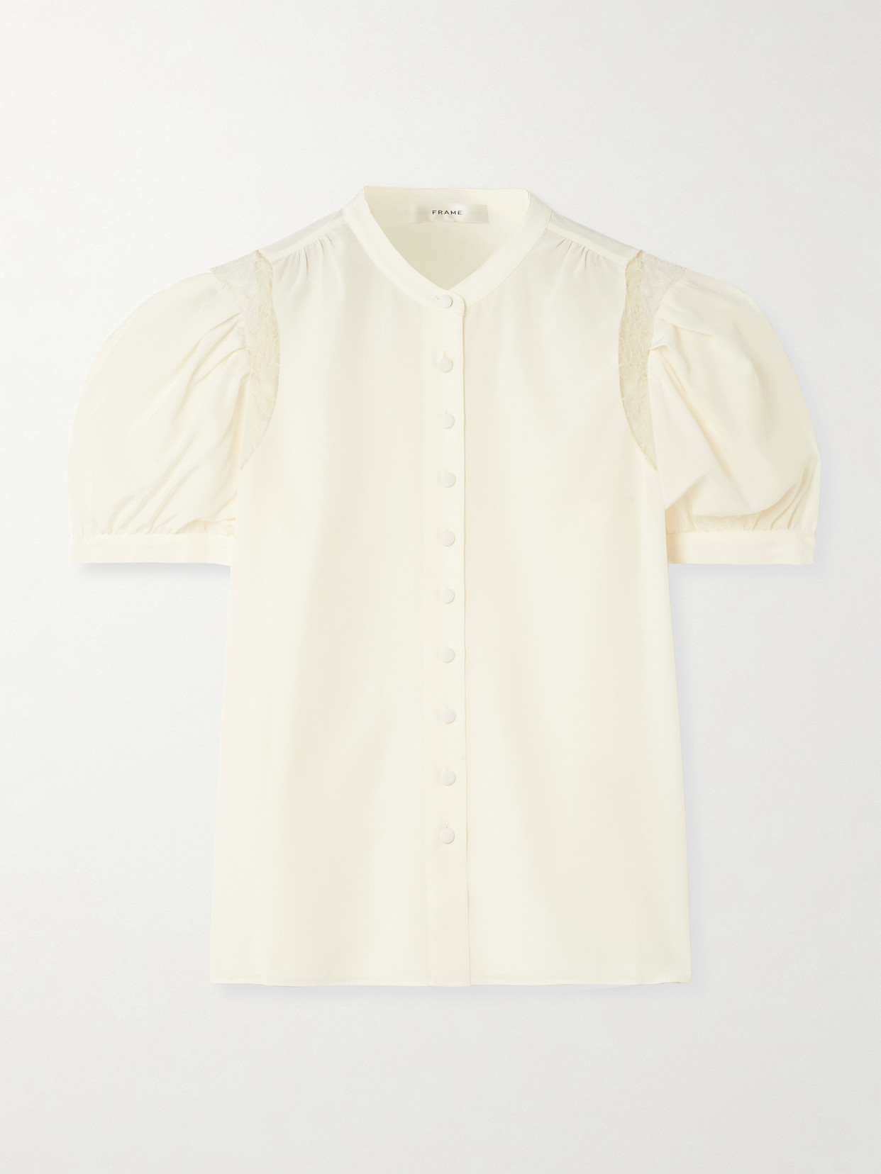 FRAME RUCHED LACE-TRIMMED SILK CREPE DE CHINE BLOUSE