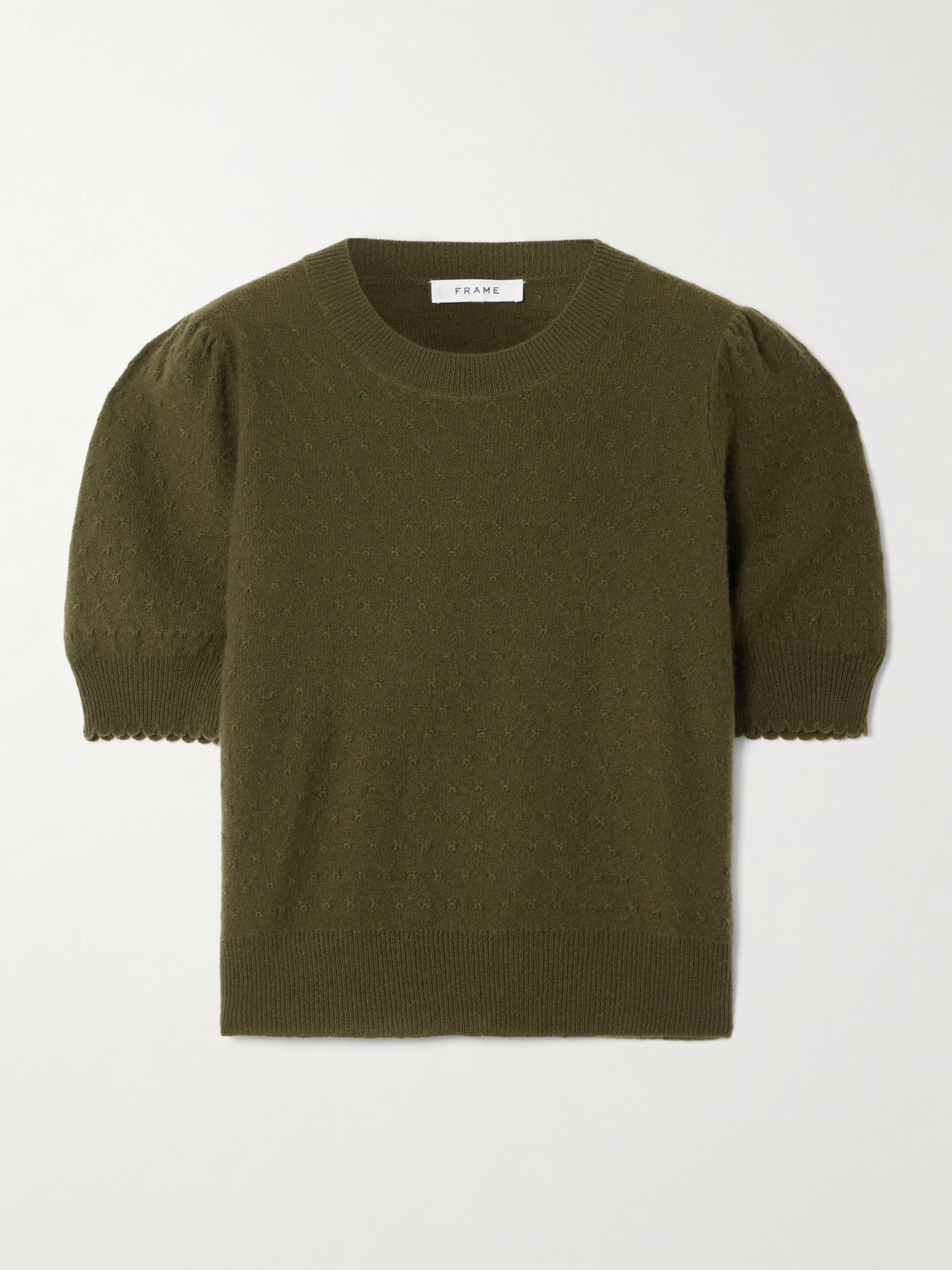 Frame Puff Sleeve Pointelle Cashmere Sweater In Green