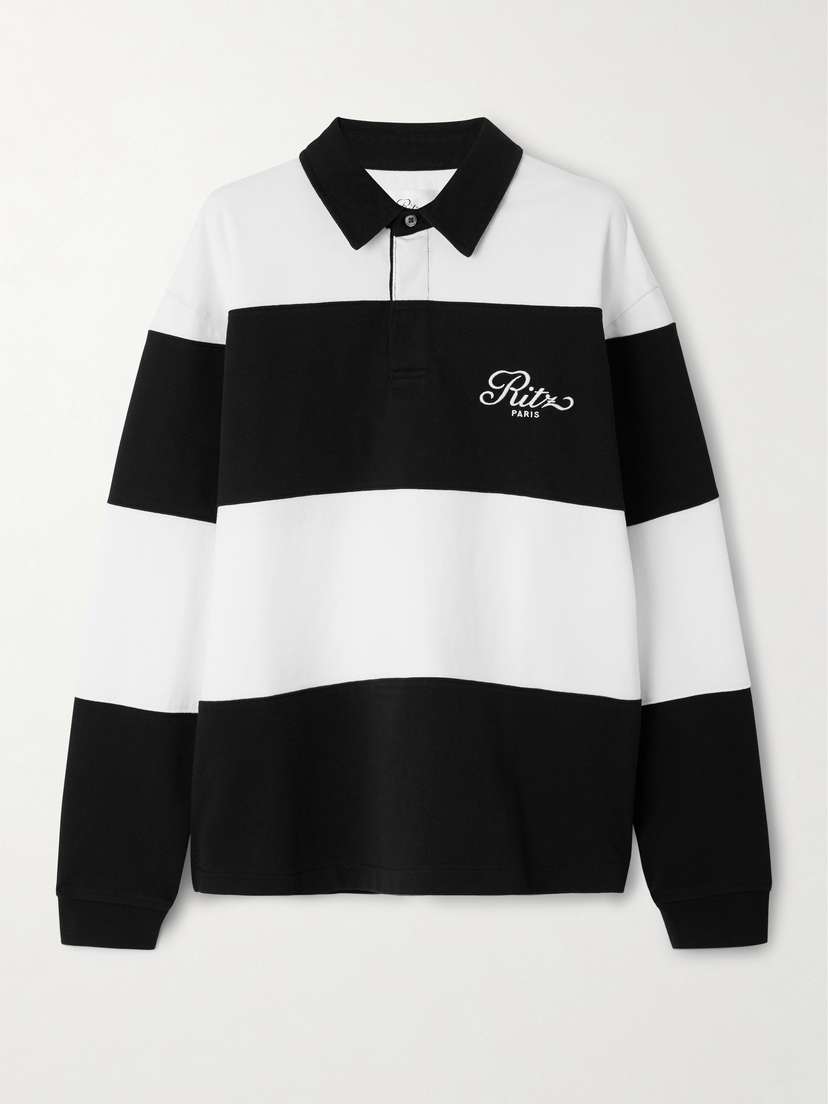 Frame + Ritz Paris Embroidered Striped Cotton-jersey Polo Shirt