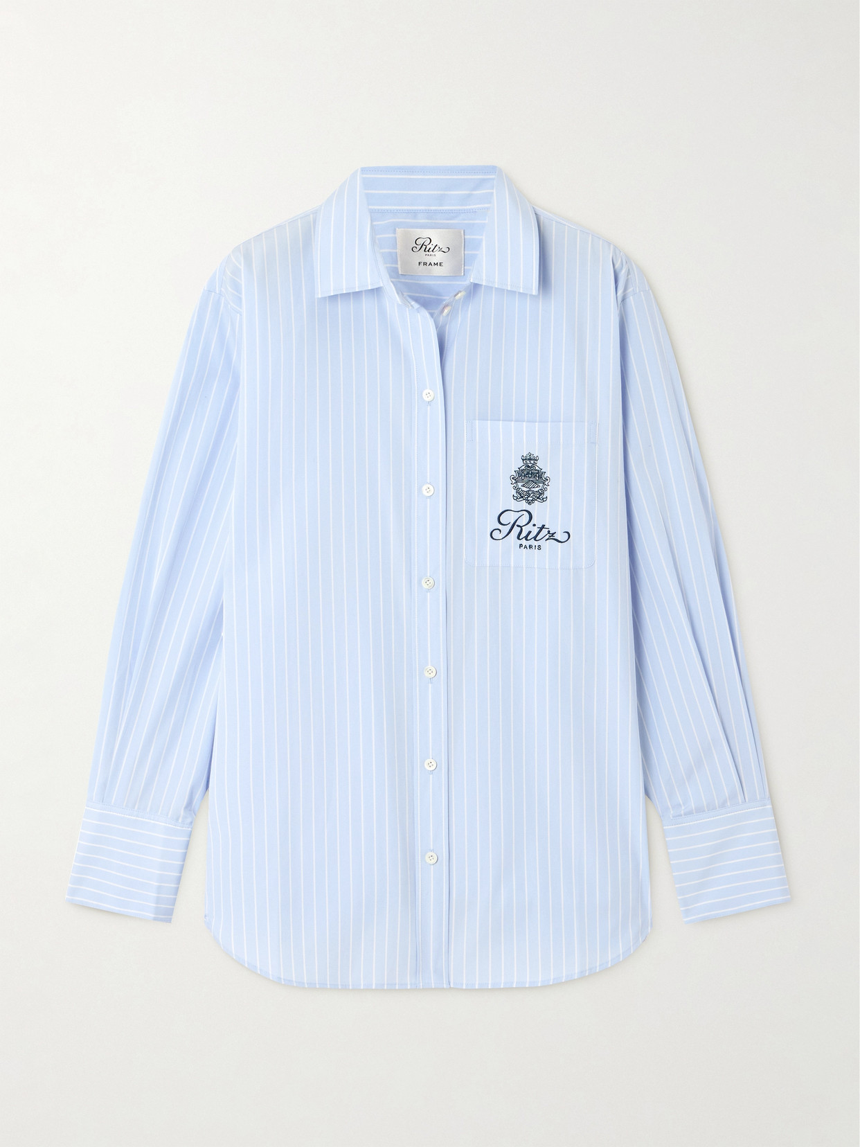 Frame + Ritz Paris Embroidered Striped Cotton-poplin Shirt In Blue