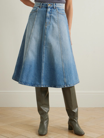 B Sides Simone paneled upcycled denim midi skirt