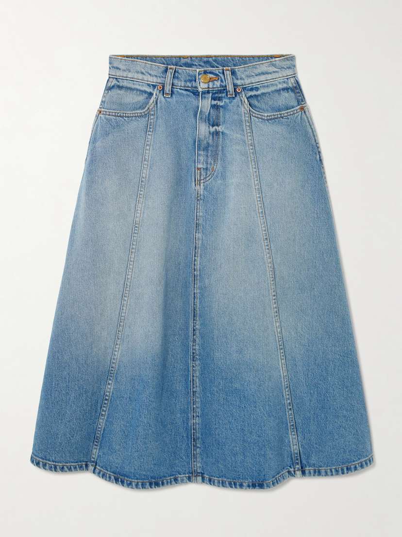 B SIDES Simone Paneled Upcycled Denim Midi Skirt