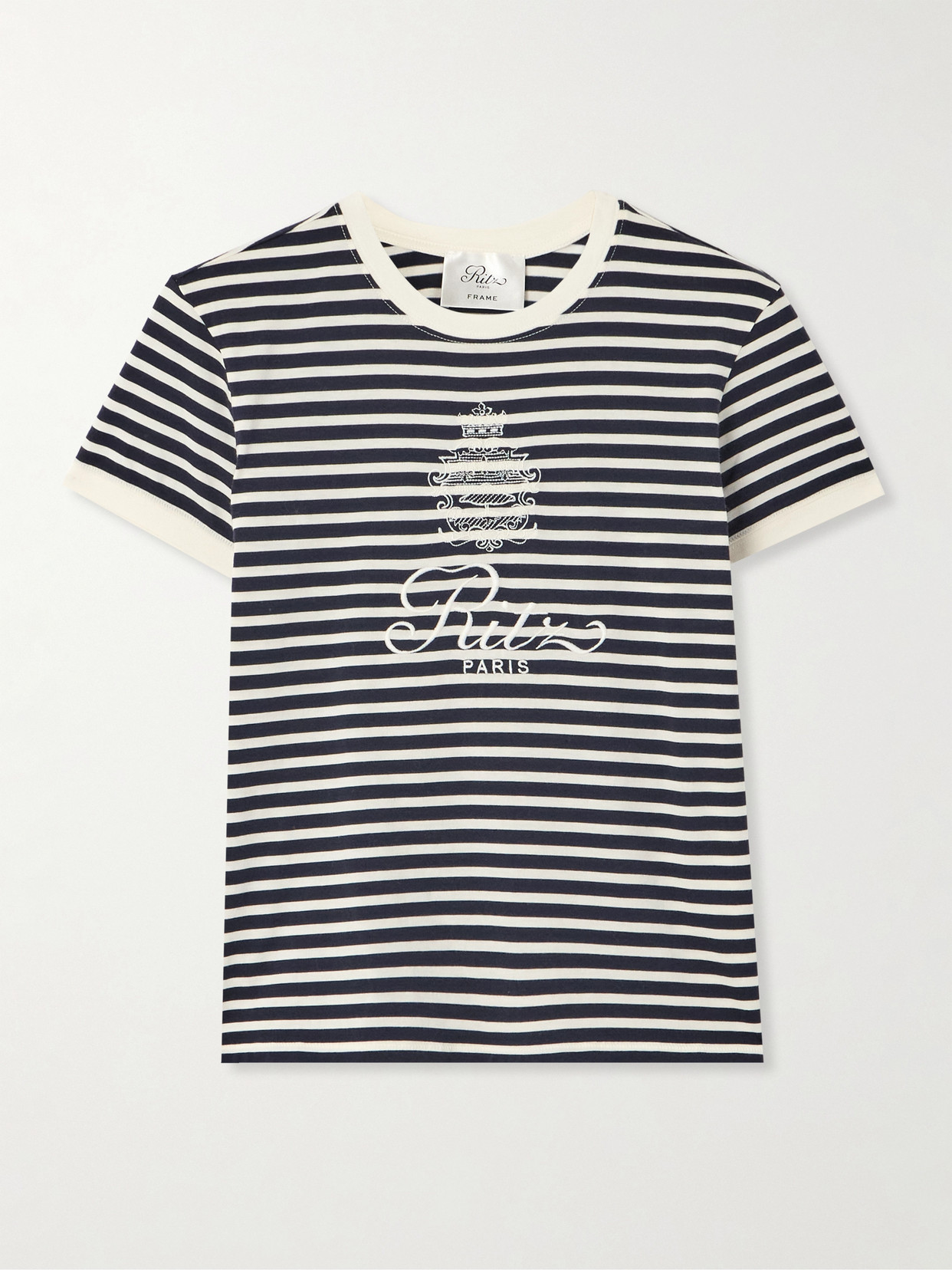 Frame + Ritz Paris Embroidered Striped Cotton-jersey T-shirt In Blue