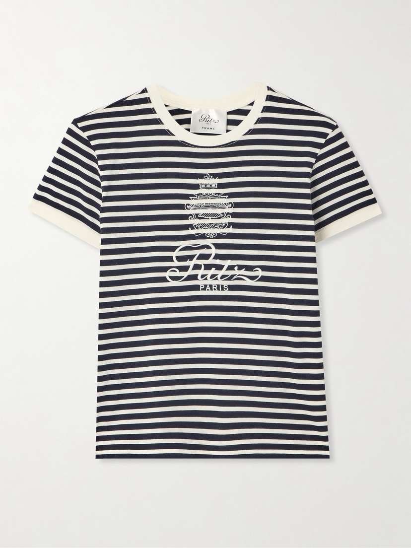 Frame + Ritz Paris Embroidered Striped Cotton-jersey T-shirt