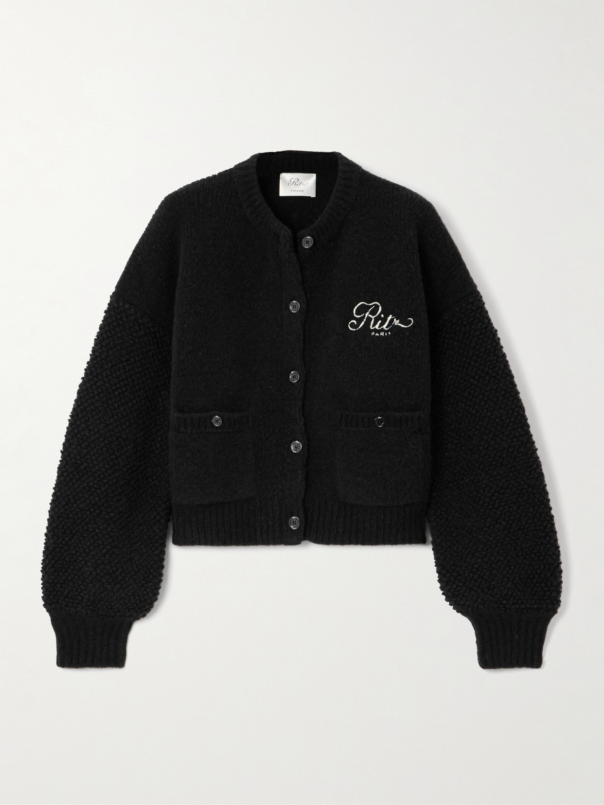 Frame + Ritz Paris Cropped Embroidered Wool-blend Cardigan In Black