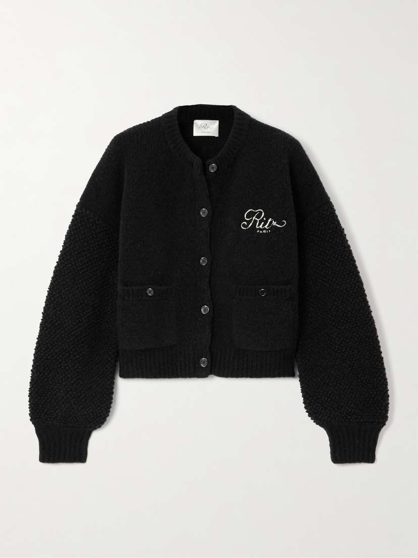 Frame + Ritz Paris Cropped Embroidered Wool-blend Cardigan