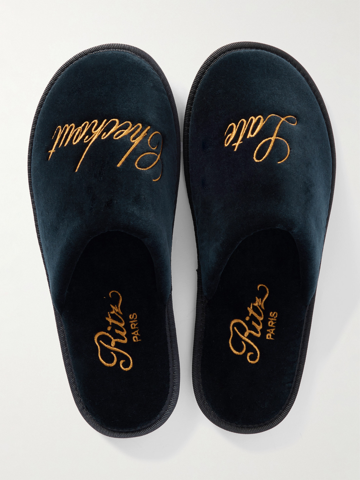 Frame + Ritz Paris Late Checkout Embroidered Velvet Slippers In Blue