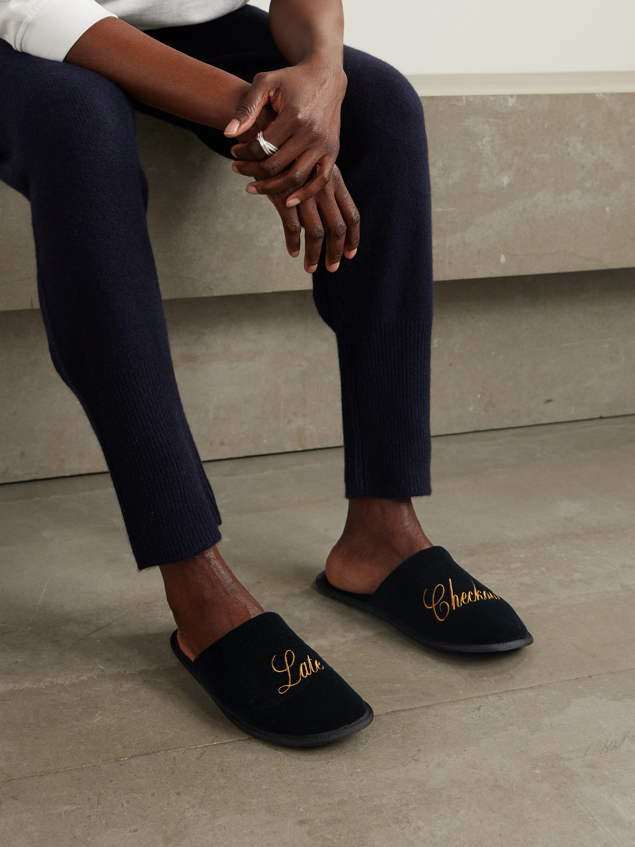 Frame + Ritz Paris Late Checkout Embroidered Velvet Slippers In Blue