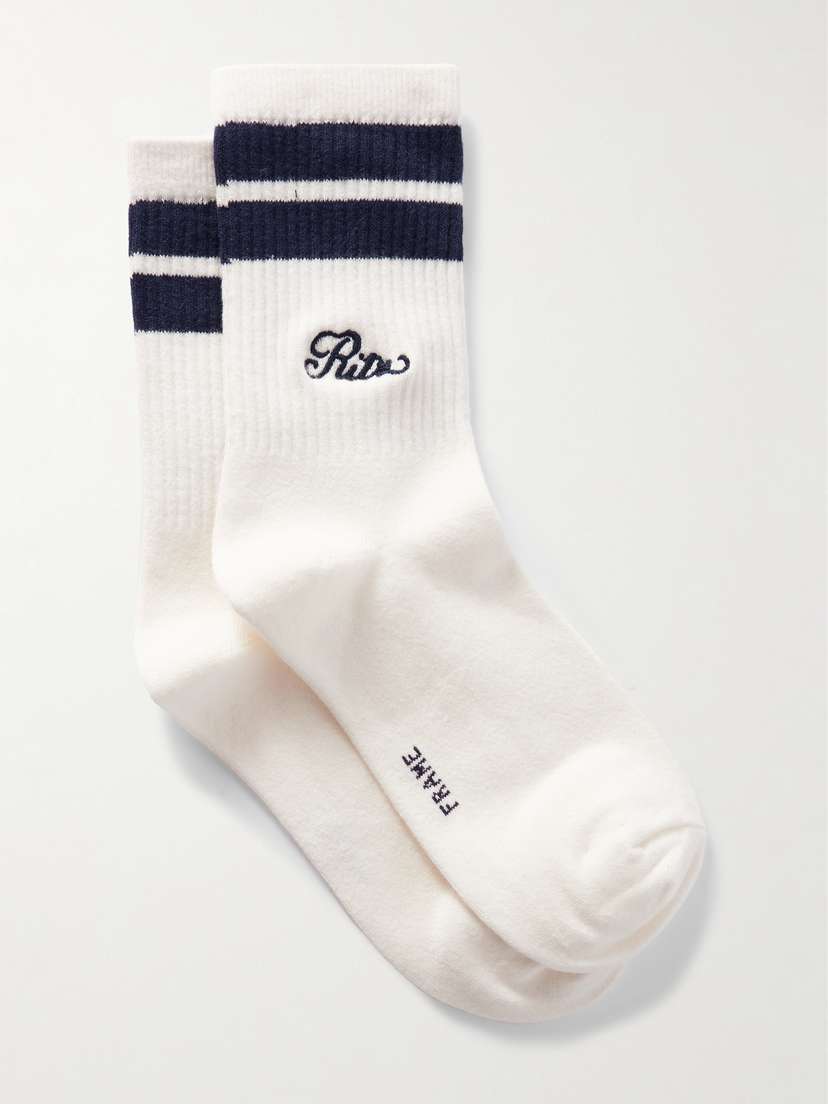 Frame + Ritz Paris Embroidered Striped Ribbed Cotton-blend Socks