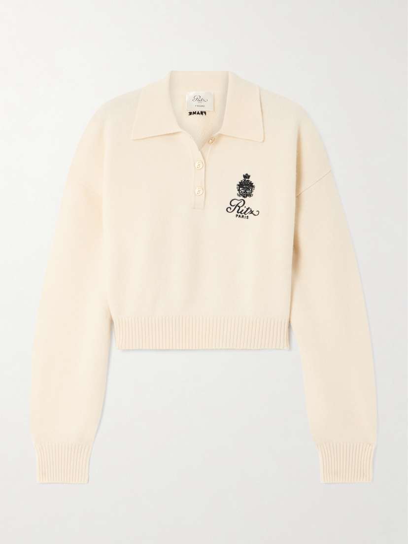 Frame + Ritz Paris Embroidered Cashmere Polo Sweater