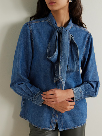 FRAME The Secretary pussy-bow denim shirt