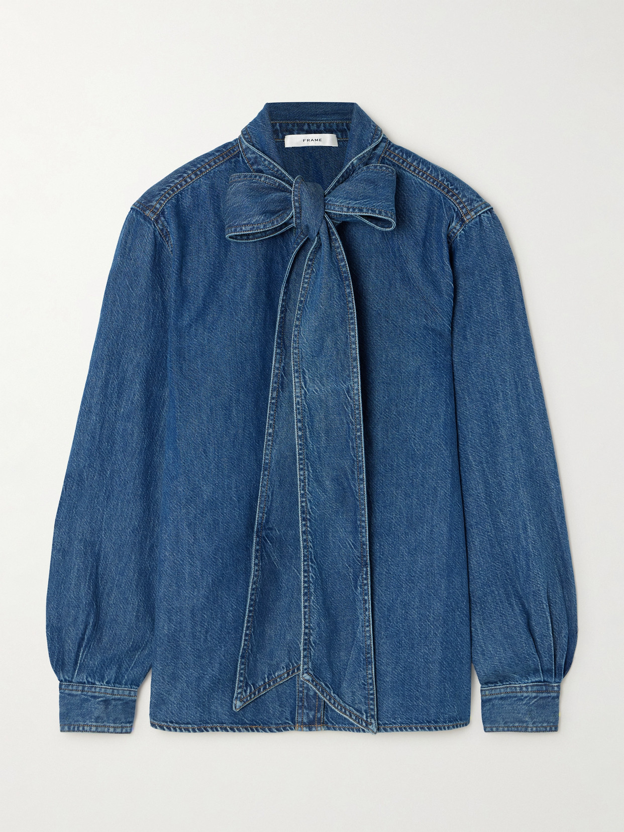 FRAME THE SECRETARY PUSSY-BOW DENIM SHIRT