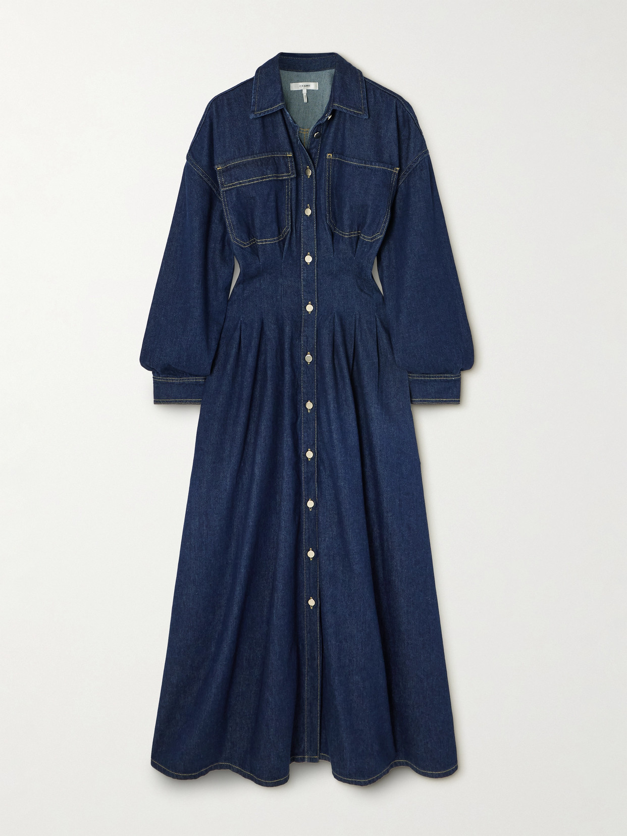 FRAME - The Nipped Pleated Denim Maxi Dress - Blue