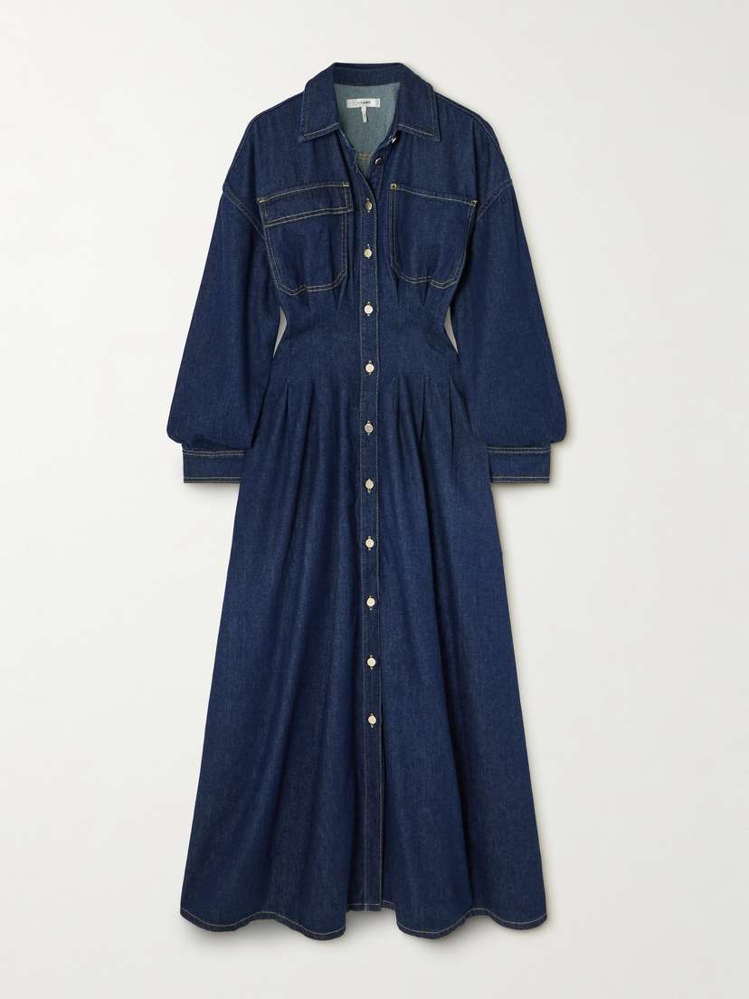 Frame The Nipped Pleated Denim Maxi Dress