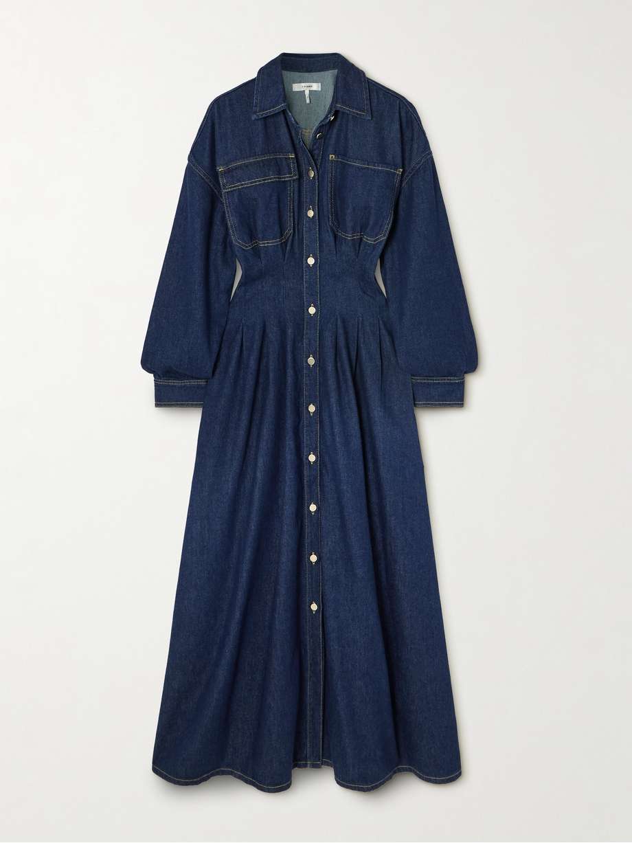 the nipped pleated denim maxi dress