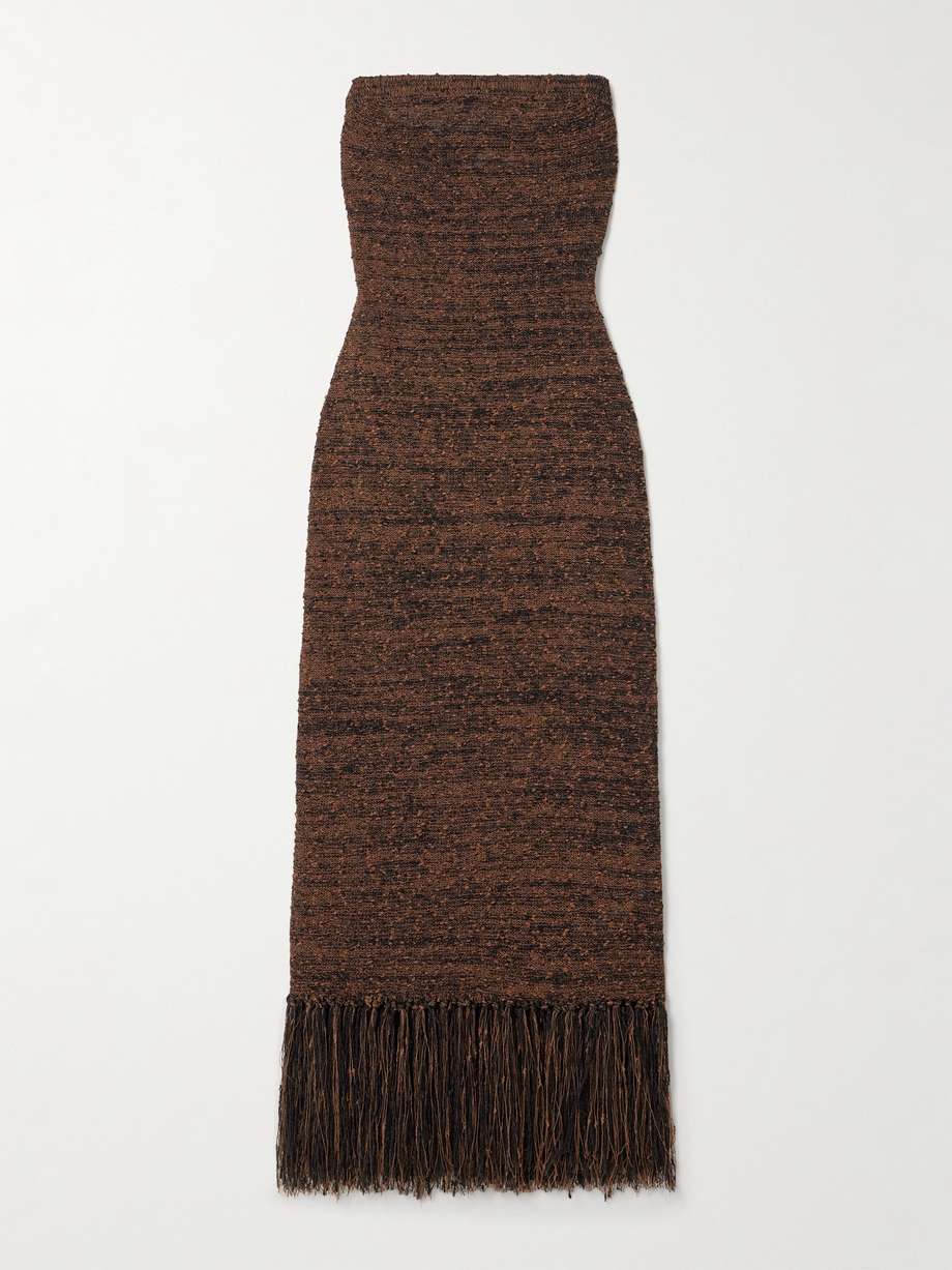 strapless fringed bouclé midi dress