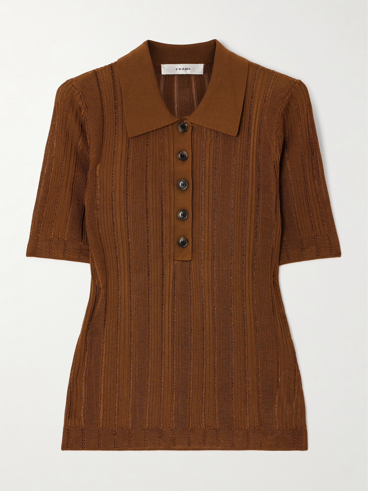 Frame Ribbed-knit Polo Shirt In Brown