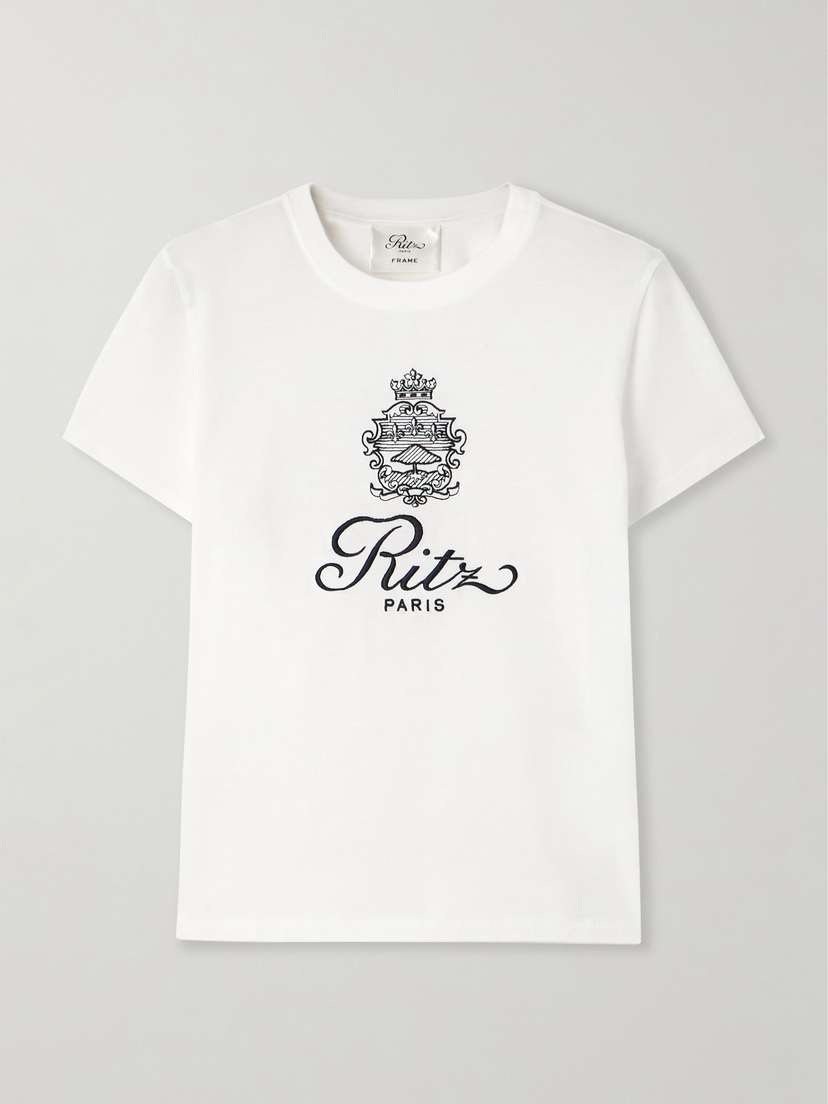 Frame + Ritz Paris Embroidered Cotton-jersey T-shirt
