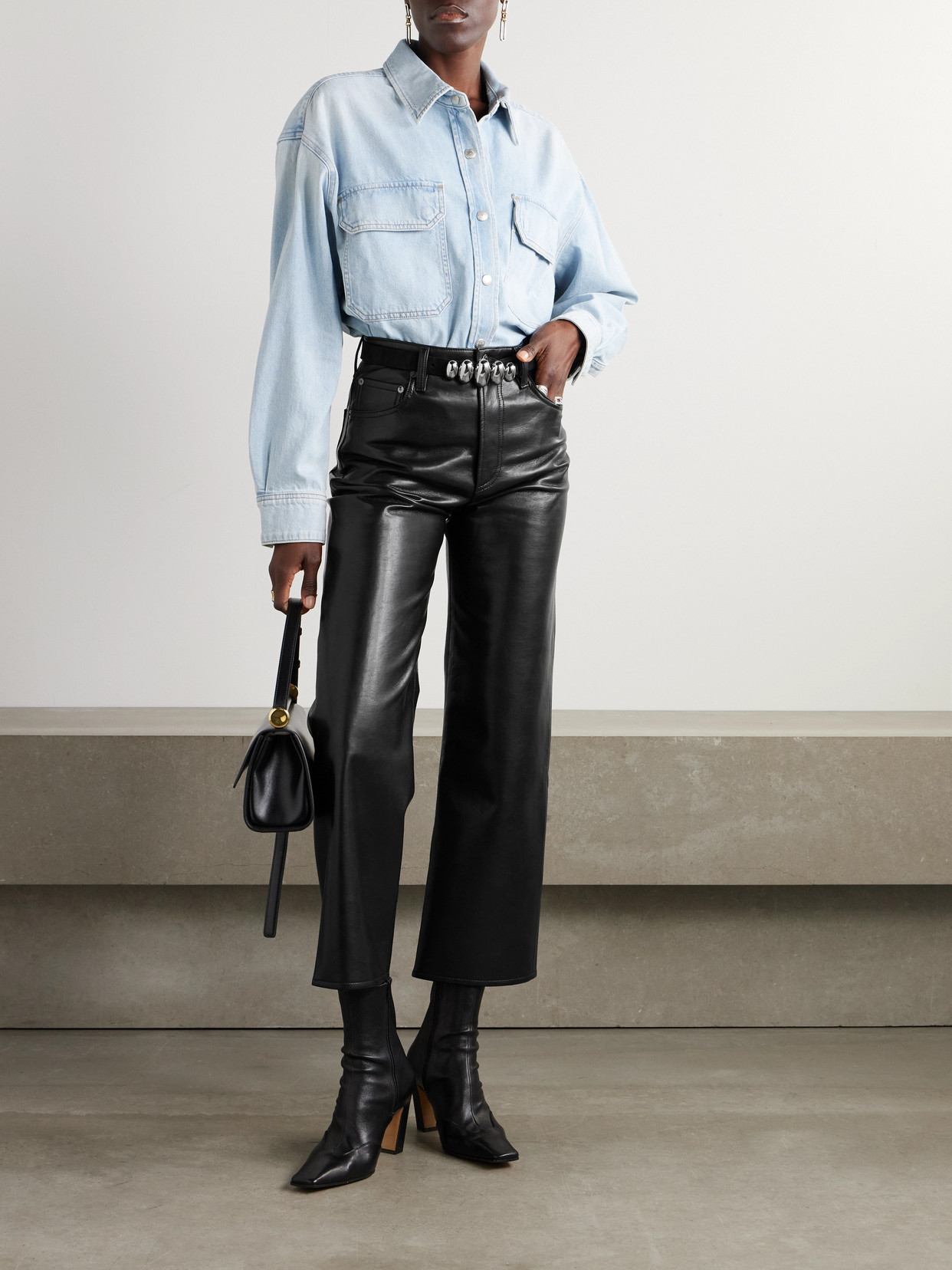 Agolde Ren Cropped High-rise Wide-leg Leather Pants In Black