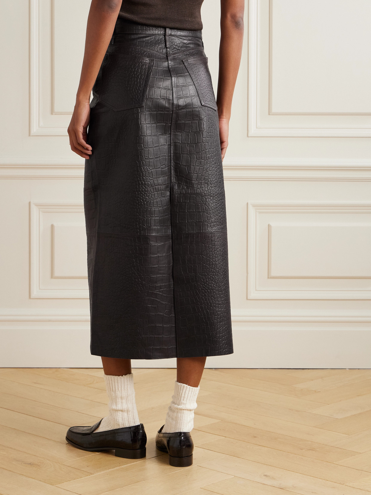 Frame The Midaxi Croc-effect Leather Midi Skirt In Brown