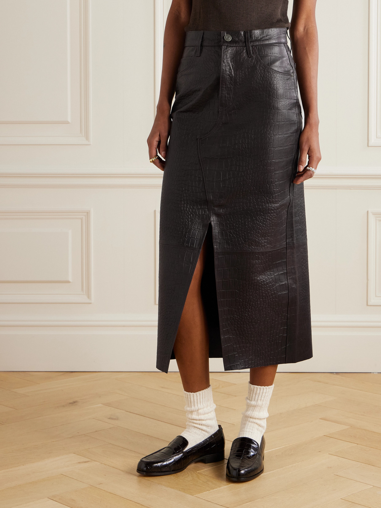 Frame The Midaxi Croc-effect Leather Midi Skirt In Brown