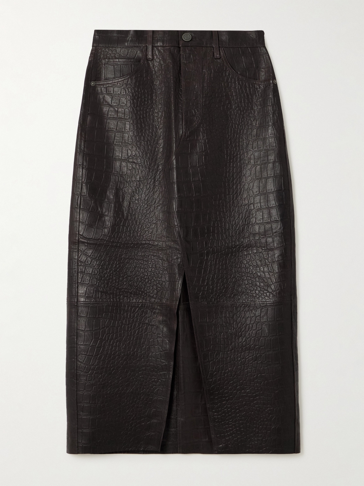Frame The Midaxi Croc-effect Leather Midi Skirt In Brown