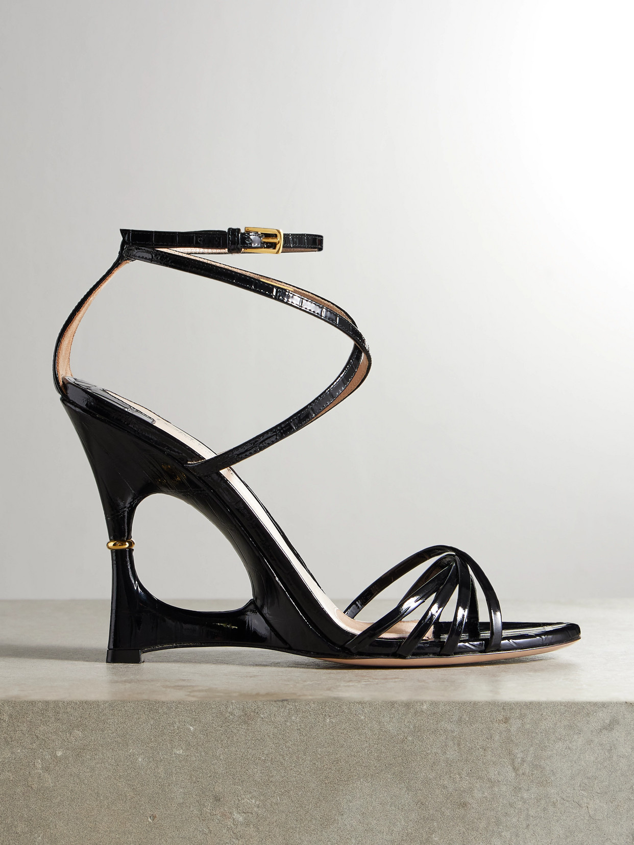 TOM FORD - Paradis Cutout Croc-effect Patent-leather Sandals - Black