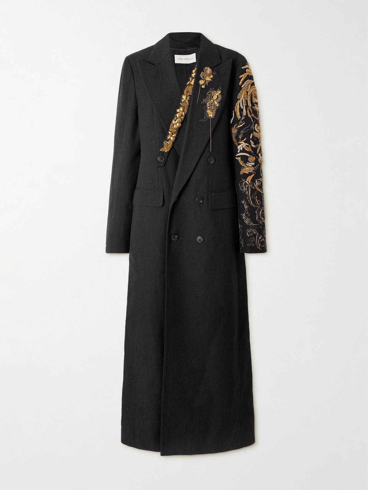 Dries Van Noten Double-breasted Embellished Striped Wool And Linen-blend Coat In Black