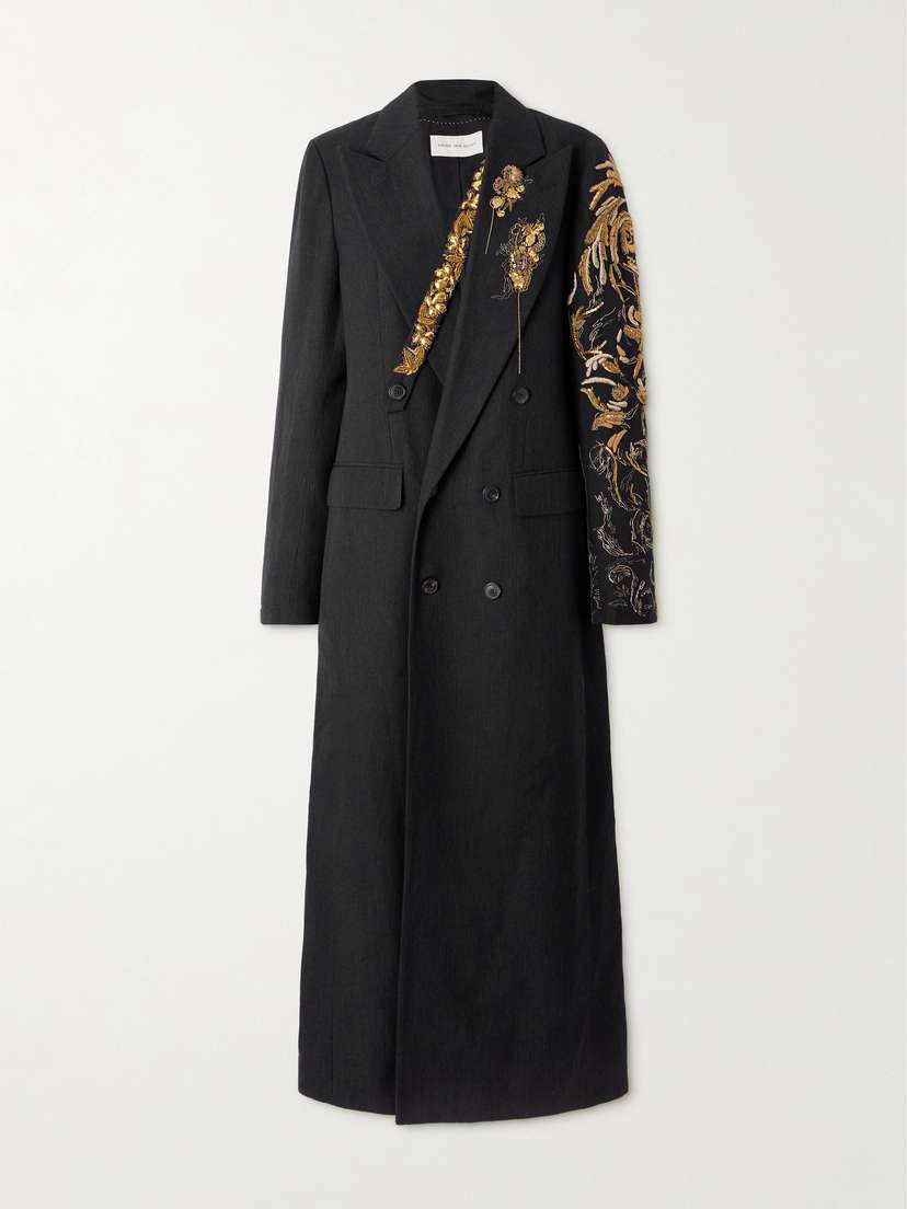 Dries Van Noten Double-breasted Embellished Striped Wool And Linen-blend Coat