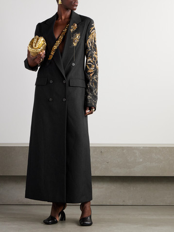 Dries Van Noten Double-breasted embellished striped wool and linen-blend coat