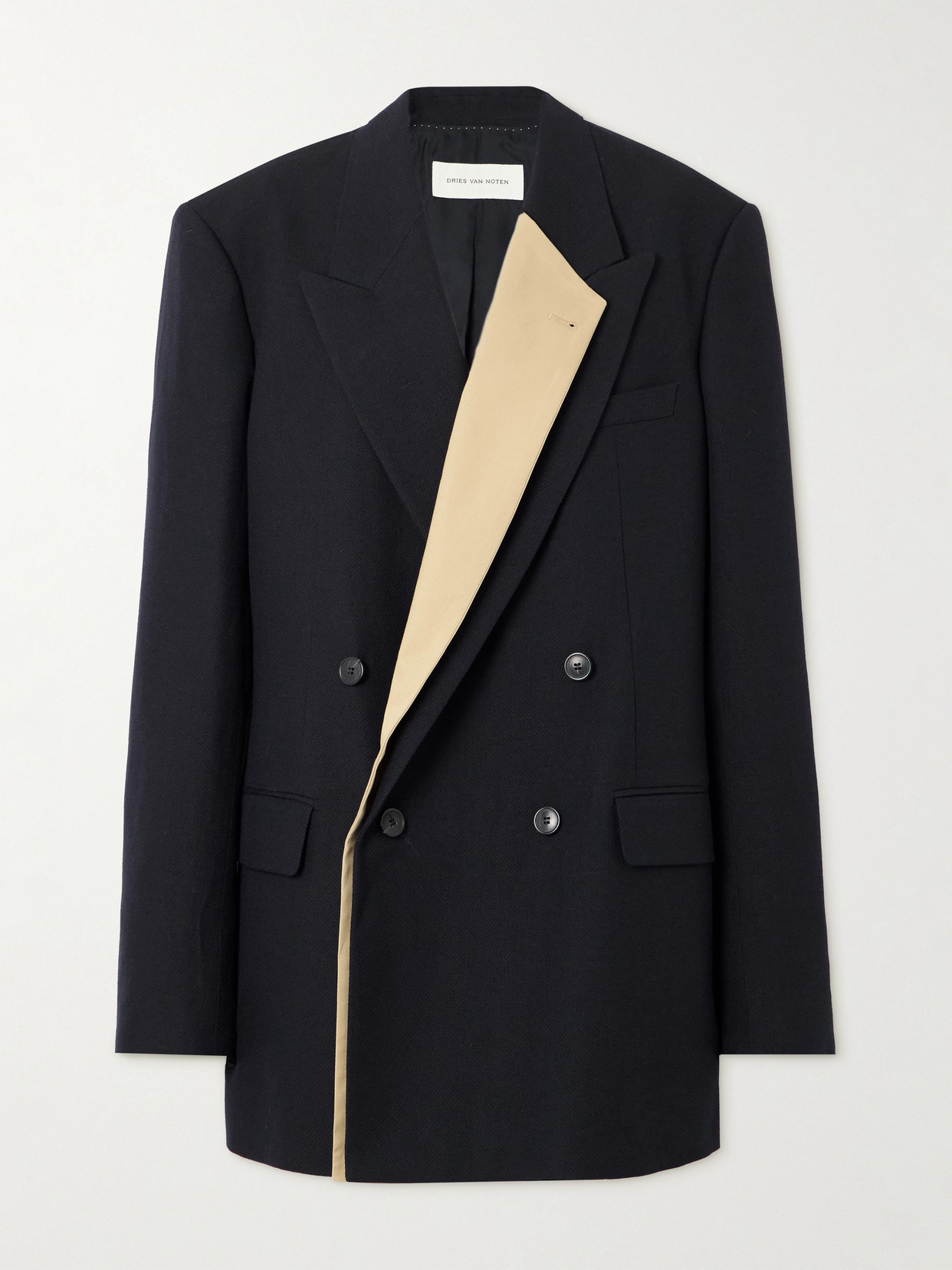 Dries Van Noten Oversized Double-breasted Twill-trimmed Wool, Linen And Cotton-blend Blazer In Blue