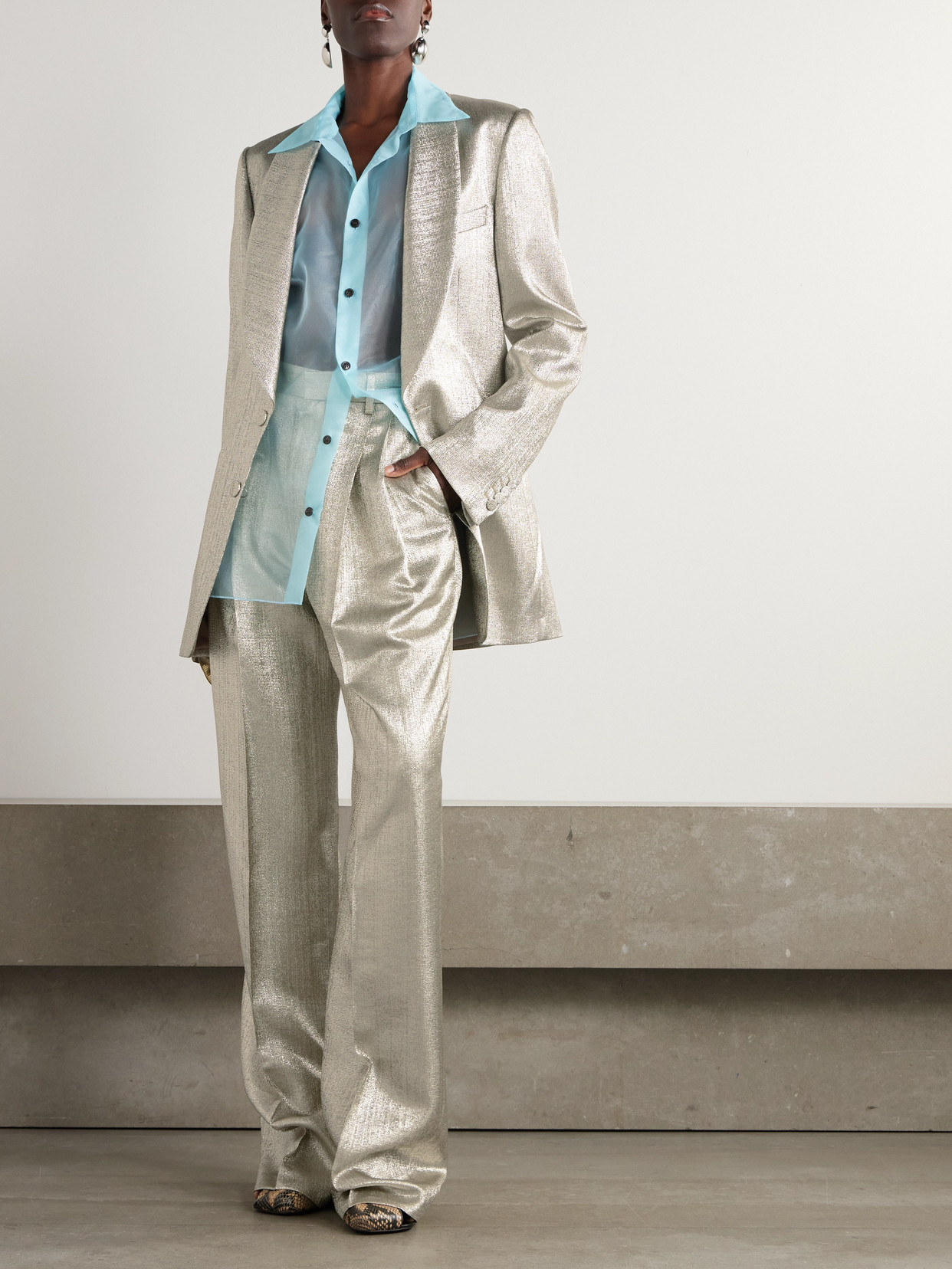 Dries Van Noten Pleated Lamé Wide-leg Pants In Silver