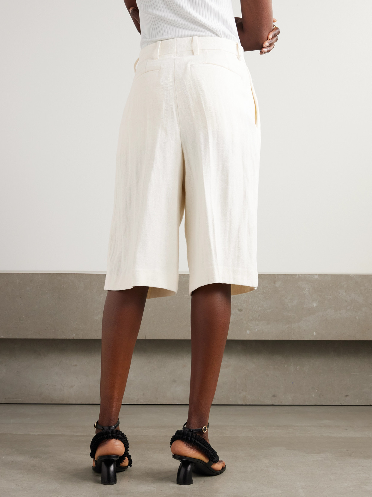 Dries Van Noten Pleated Herringbone Linen Shorts In White