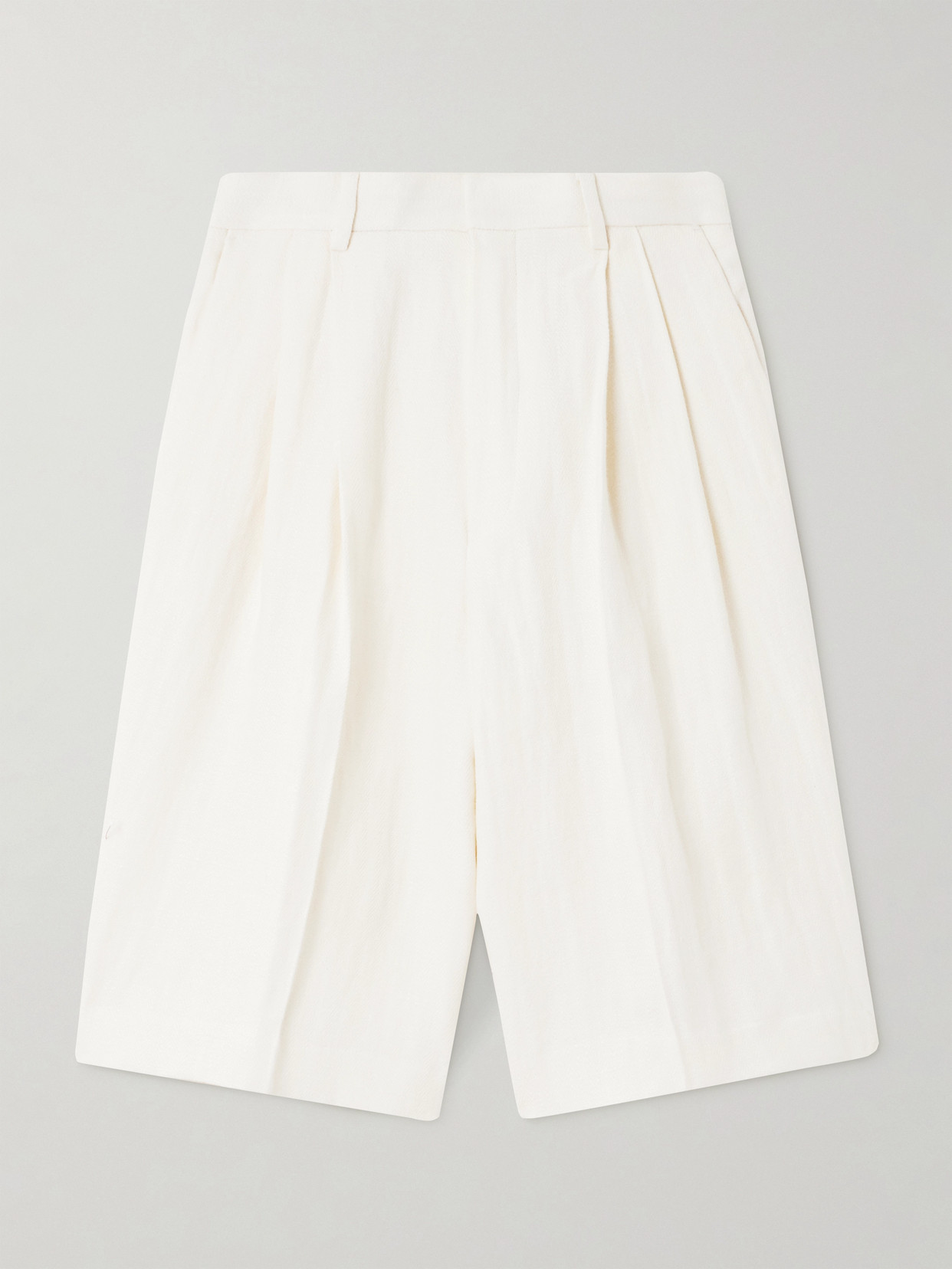 Dries Van Noten Pleated Herringbone Linen Shorts In White