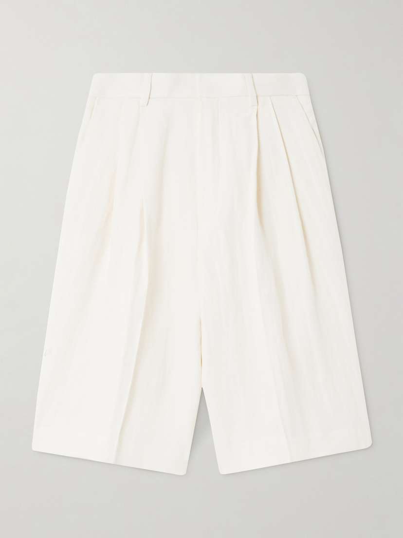 Dries Van Noten Pleated Herringbone Linen Shorts