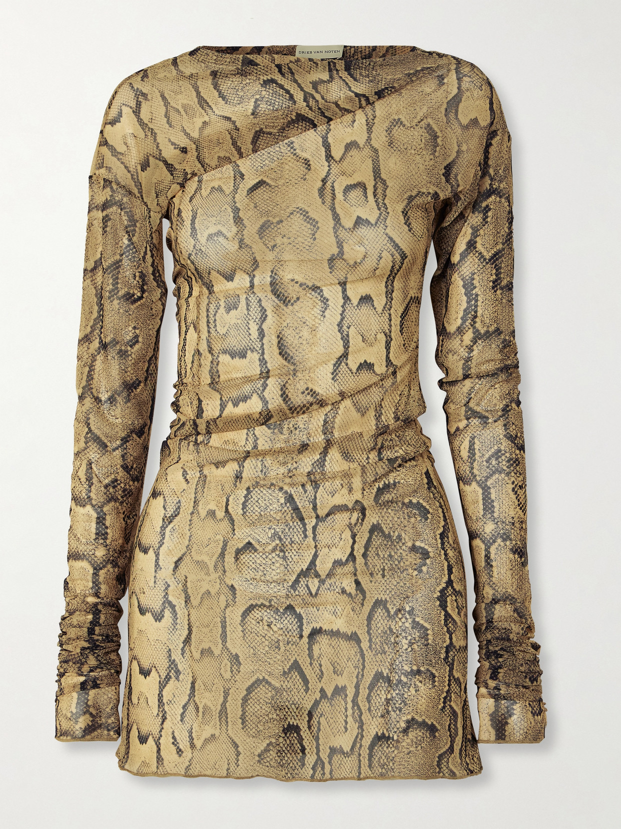 Dries Van Noten Asymmetric Snake-print Stretch-mesh T-shirt In Brown