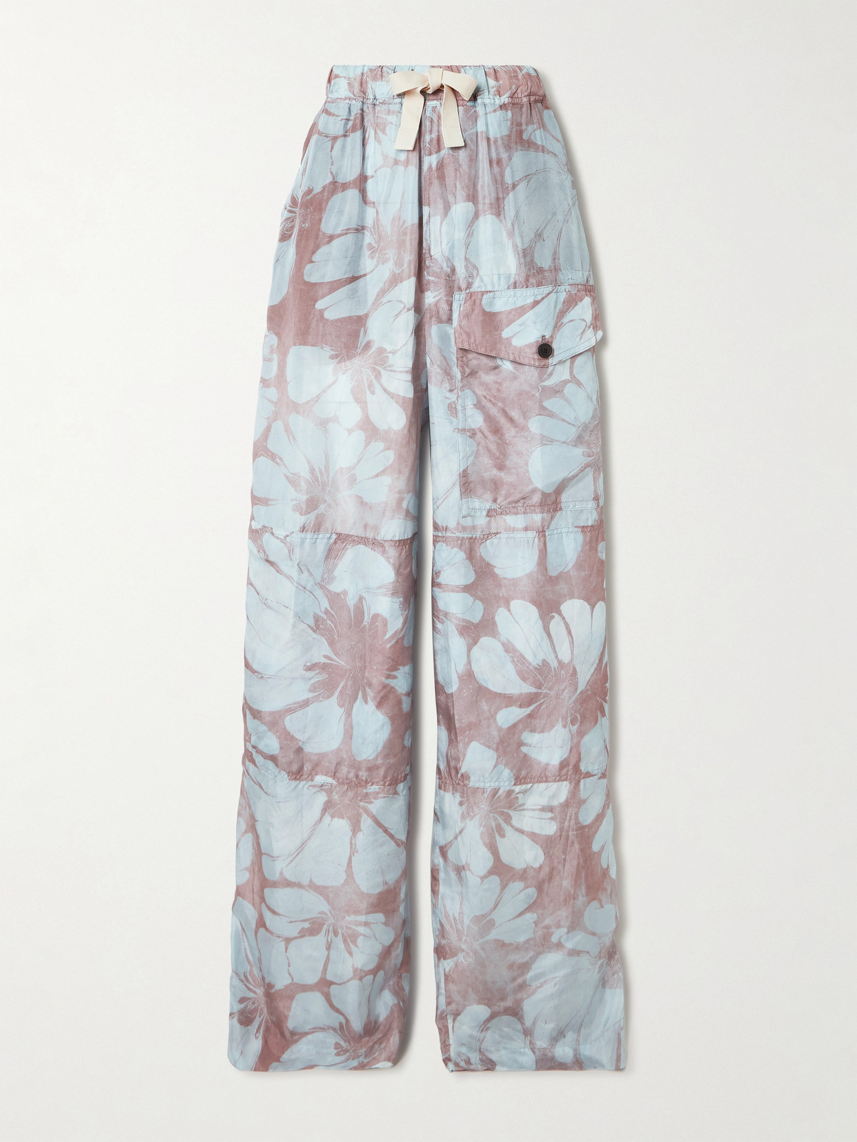 Dries Van Noten Grosgrain-trimmed Floral-print Silk-voile Wide-leg Pants In Blue