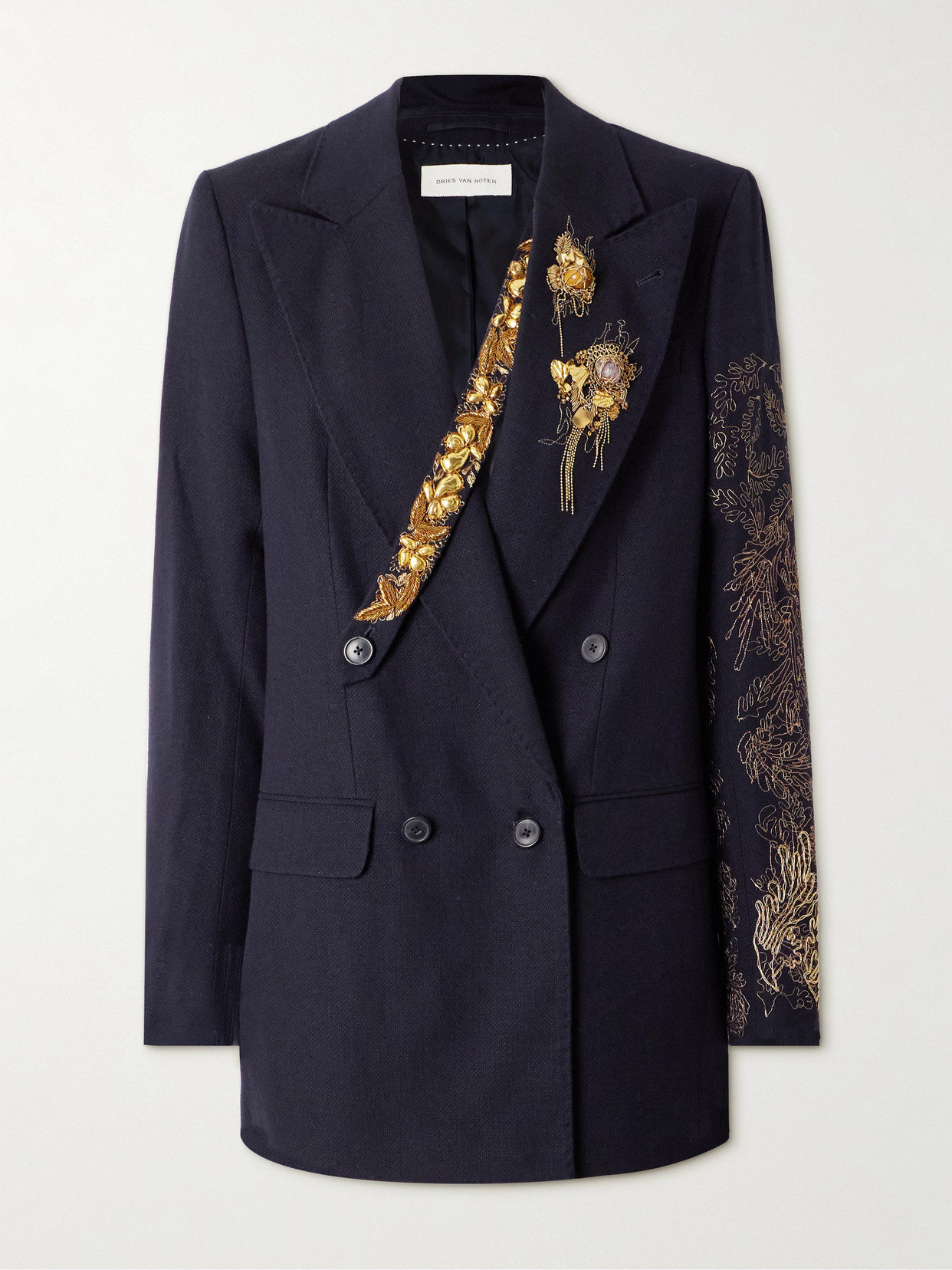 Dries Van Noten Double-breasted Embellished Wool And Linen-blend Blazer In Blue
