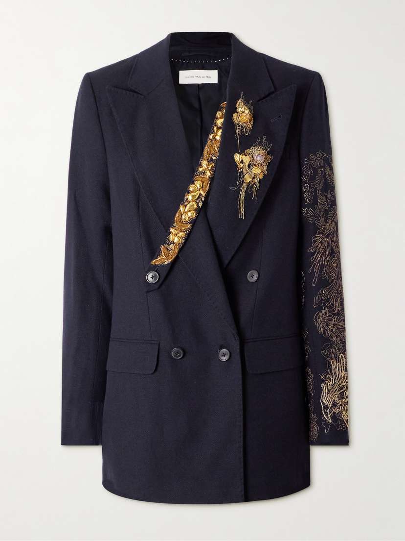 Dries Van Noten Double-breasted Embellished Wool And Linen-blend Blazer