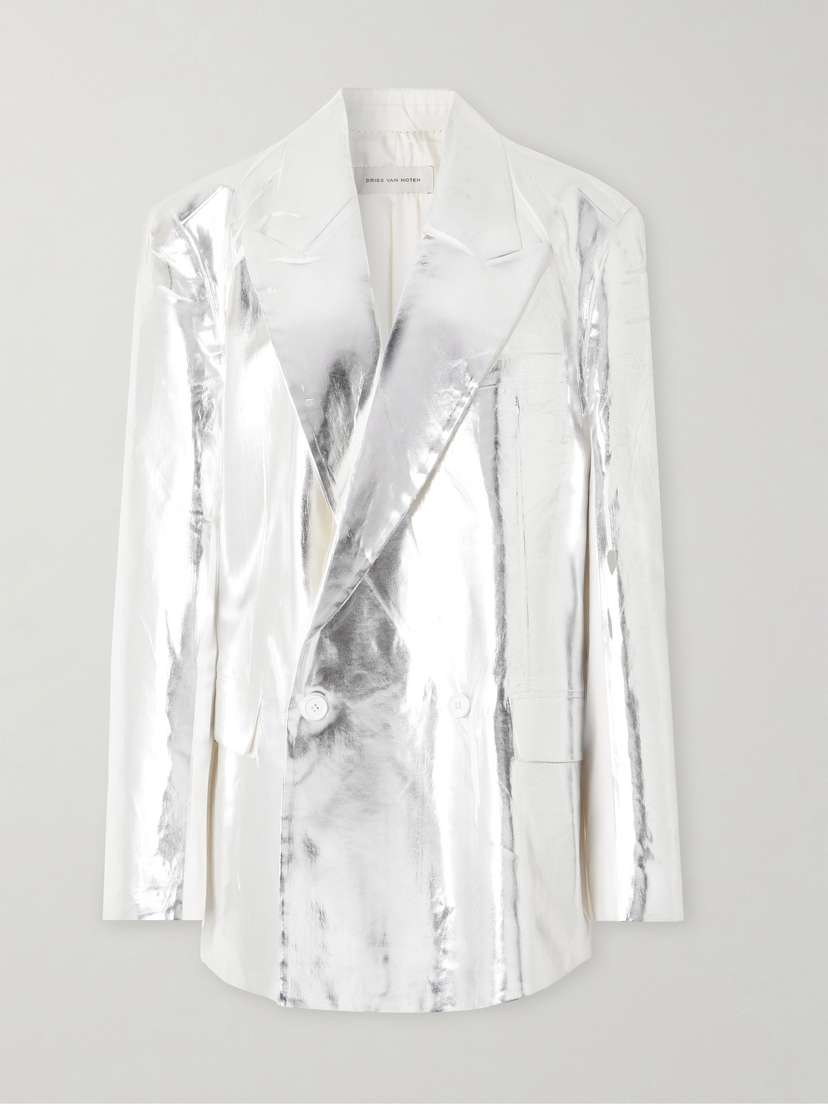 Dries Van Noten Double-breasted Metallic Coated-cotton Blazer