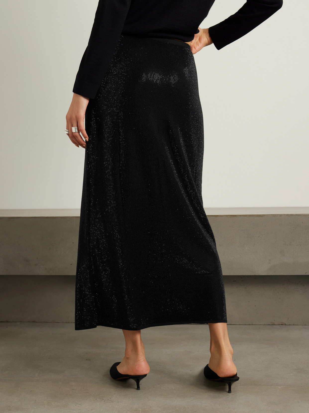 Leset James Crystal-embellished Merino Wool Midi Skirt In Black
