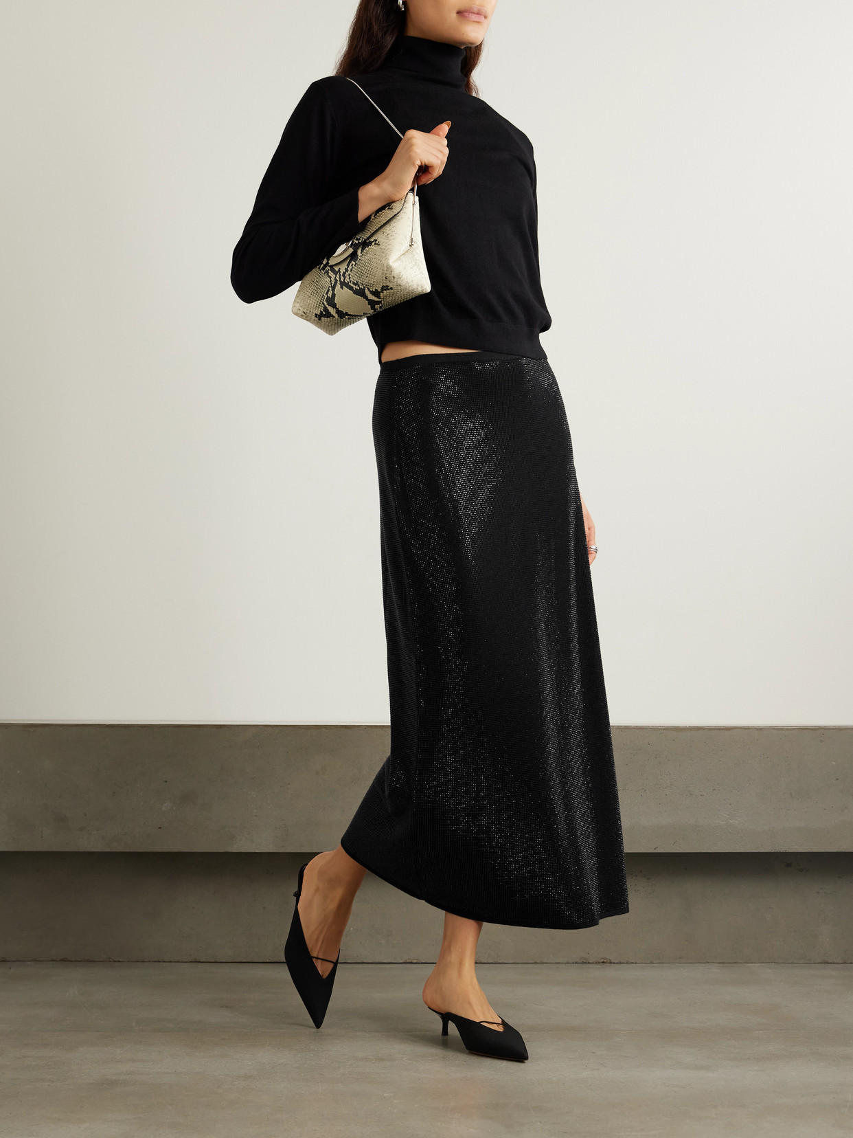 Leset James Crystal-embellished Merino Wool Midi Skirt In Black