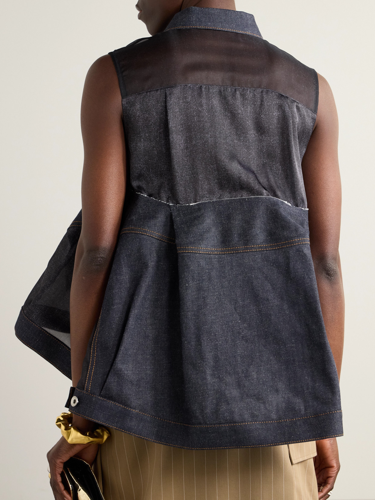 Sacai Sheer Panel Mixed Media Denim Shirt In Blue
